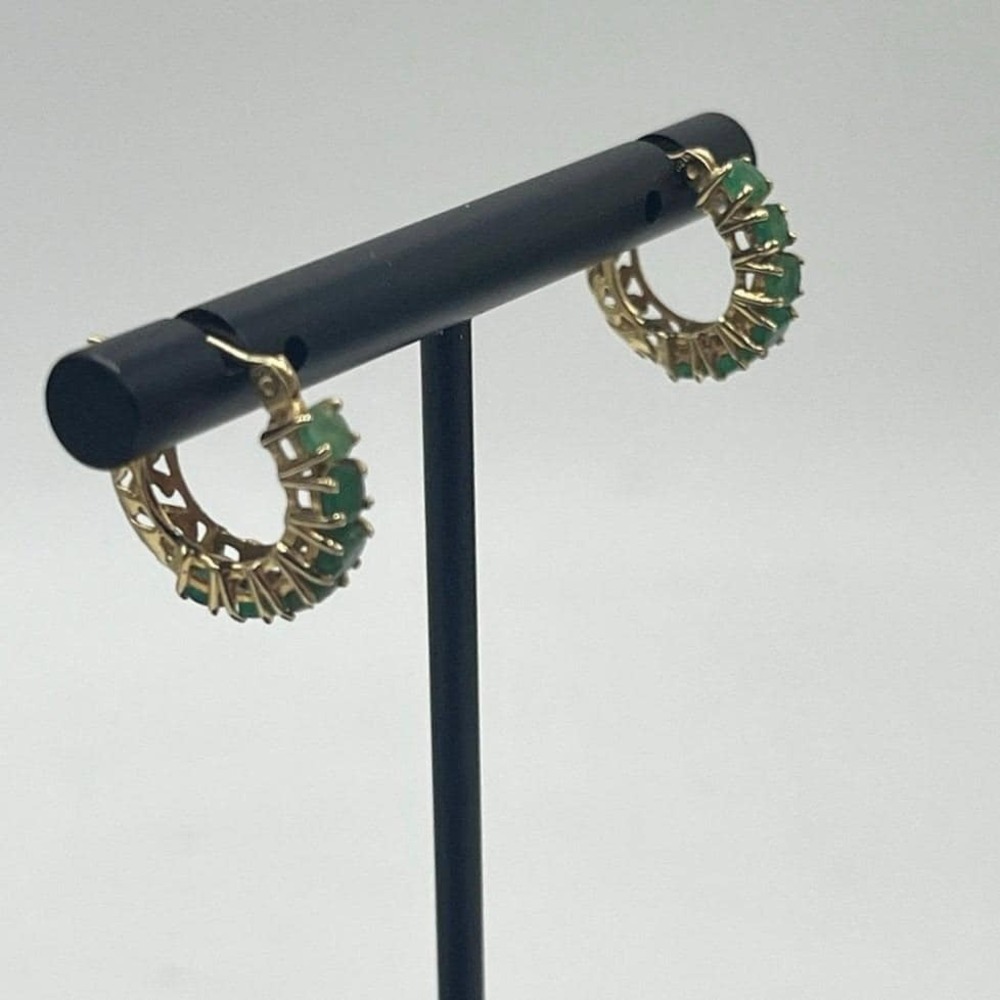 MEXICO Designer Green Emerald 14k Yellow Gold 585 Filigree Huggie Hoop Earrings